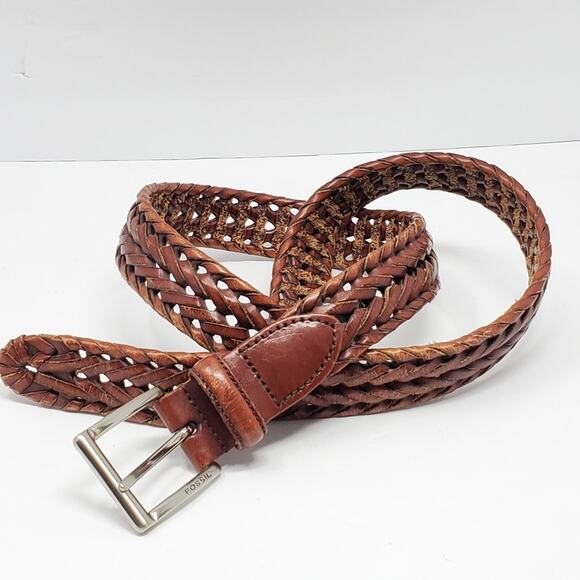 Fossil brown weaved Genuine leather Belt 1.15" width Size  34 - Picture 1 of 5